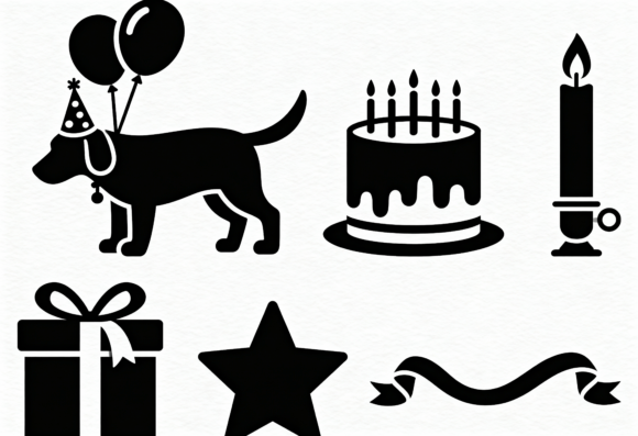 Dog Birthday Party Icons Black