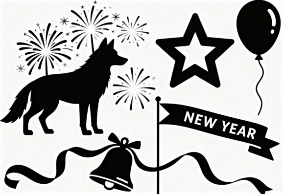New Year Dog Silhouette Fireworks Bell Review